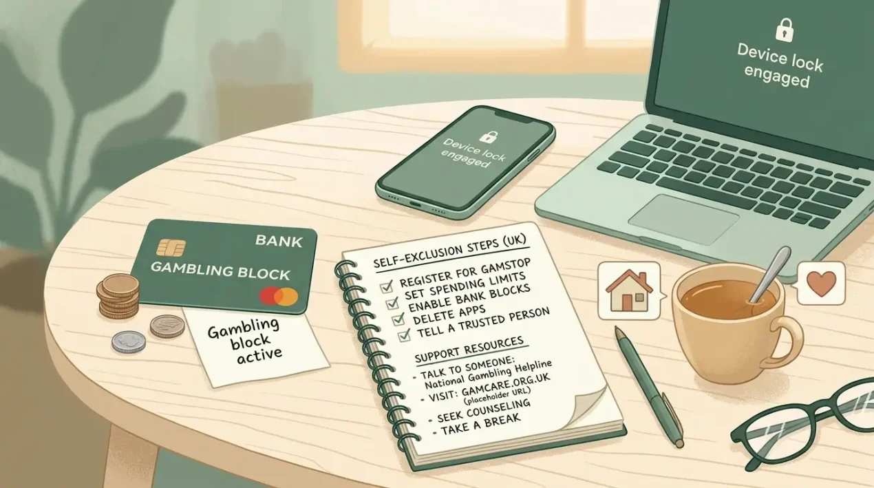 A calm support plan with a bank card block, device lock and helpline notes