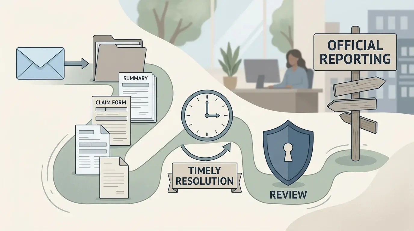 A complaint evidence trail with messages, a clock and a reporting signpost