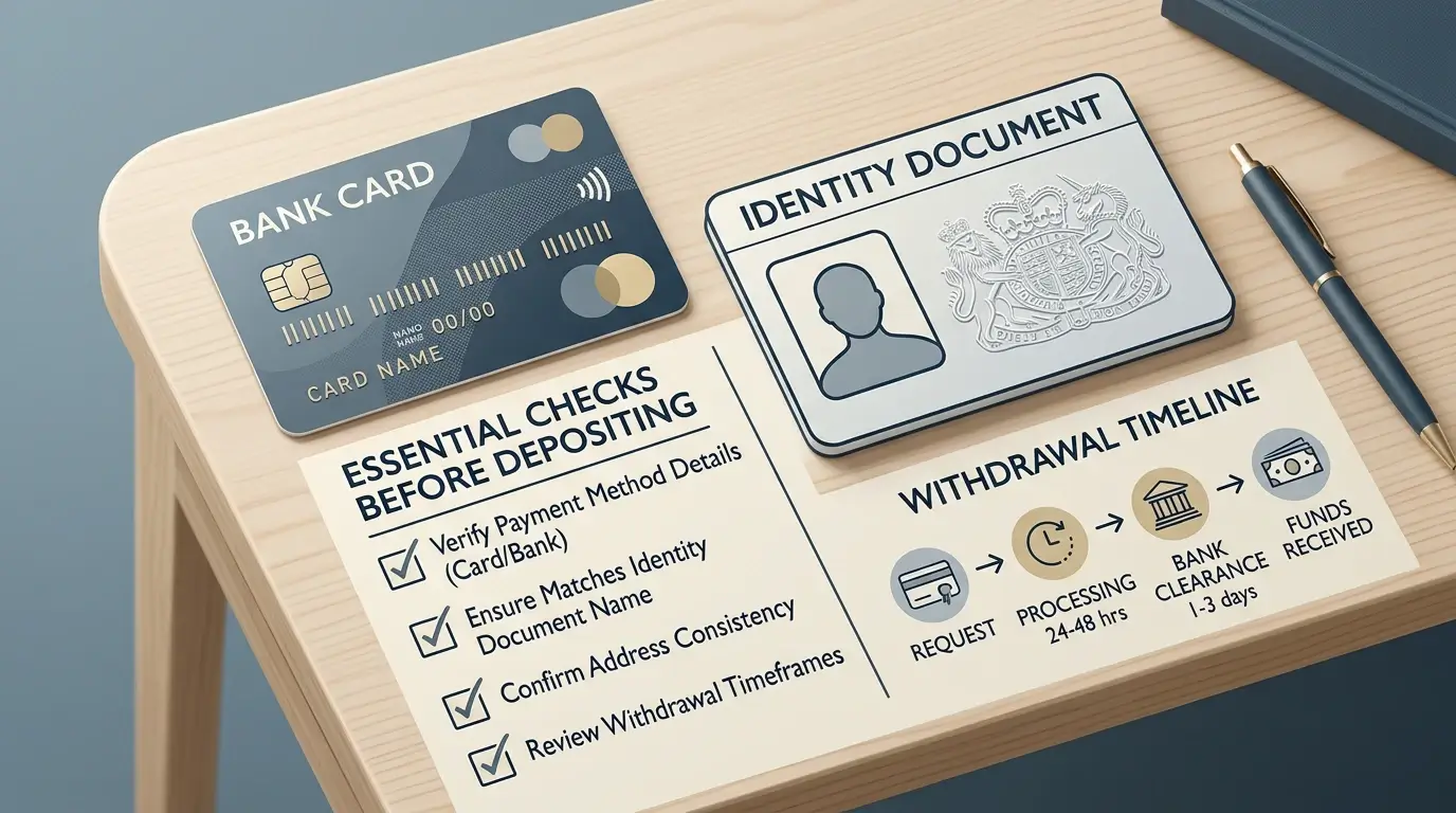 A payment, identity and withdrawal checklist laid out on a desk