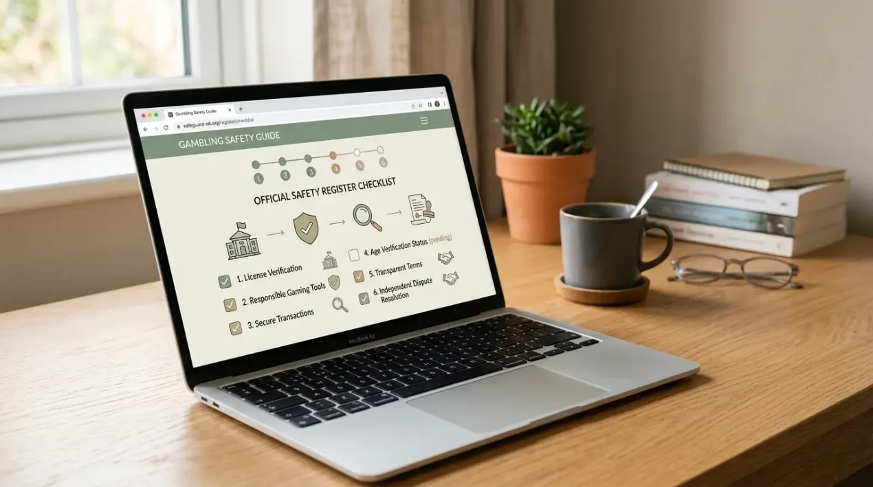 A calm desk scene with an official register checklist and a website address check