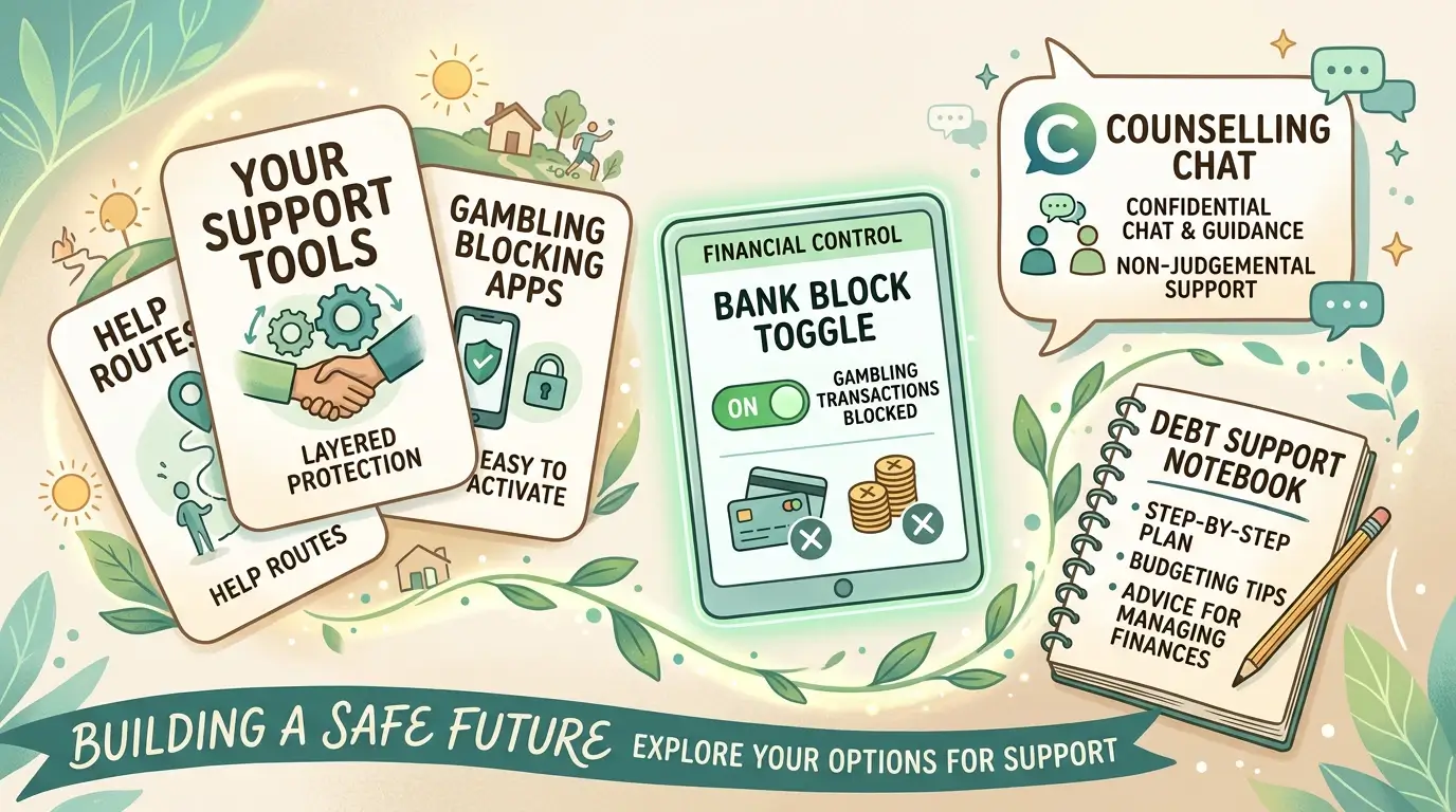 Layered gambling blocking tools and a calm support card