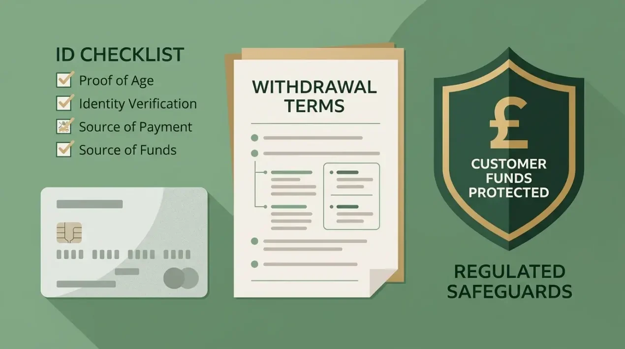 A payment and identity checklist with withdrawal terms on a desk